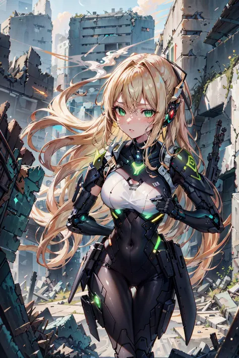 masterpiece, best quality, anime style, 8k, natural lighting, soft lighting, sunlight, (1 woman running, Long Blond Hair, smoke, :1.4), green_eyes, battlefield_city in background, city_ruins in background, HDR (High Dynamic Range), Ray Tracing, NVIDIA RTX, Super-Resolution, Unreal 5, Maximum Clarity And Sharpness, Multi-Layered Textures <lora:mecha_V2:0.7>,  <lora:add_detail:0.3>