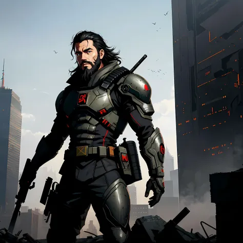 realistic portrait of anime man, black hair and beard, wearing futuristic combat gear, standing in a watch tower in post-apocalyptic New York City, high resolution, cinematic, 4k, illustration