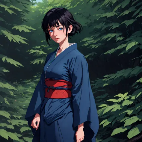 ((smooth shaded)), painterly texture, portrait, 1girl, short black hair, blue eyes, wearing traditional kimono, standing in mystical forest, high resolution, cinematic, 4k, anime illustration, solo, solo focus