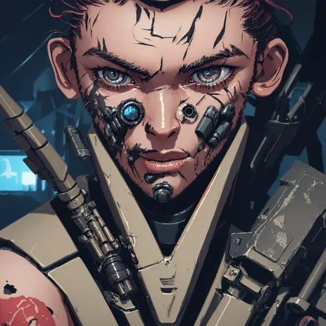 masterpiece close-up shot of a commando mercenary in a cyberpunk environment, face scar, mechanical limbs