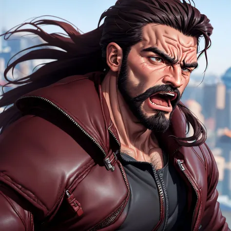 masterpiece close-up portrait of a muscular man with a black beard and a mullet screaming in anger in Istanbul streets, burgundy leather jacket, solo focus, man focus, Istanbul background during daytime