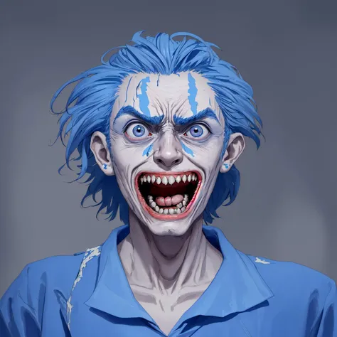 An insane man in a psychiatric hospital wearing a blue gown, showing teeth, crazy facial expression