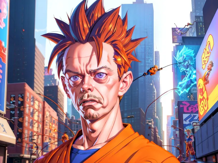photorealistic masterpiece disney pixar style render portrait of Steve Buscemi as a SuperSaiyan wearing dougi , in the streets of new york, <lora:SonGokusOutfit:0.41> <lora:SuperSaiyanHair:0.4>, new york city background, on the sidewalk, zbrush \(medium\), render, octane render, super saiyan, spiked hair, aura, electricity