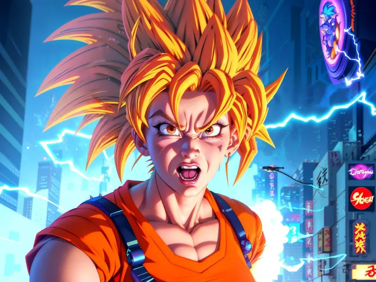 photorealistic masterpiece disney pixar style render close-up portrait of an insane crazy woman as a SuperSaiyan wearing dougi , in the streets of Tokyo, <lora:SonGokusOutfit:0.41> <lora:SuperSaiyanHair:0.4>, new york city background, on the sidewalk, zbrush \(medium\), render, octane render, super saiyan, spiked hair, aura, electricity, <lora:DBKiCharge:0.31>, volumetric light caustics