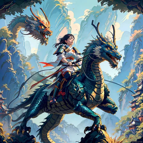 masterpiece, fantasy, best quality, anime style, wide-angle, full body shot, front view, (beautiful_woman, facing forward, wearing samurai armor, flying on the back of a chinese_dragon:1.3), bamboo forest and mountians in background, natural lighting, soft lighting, (featured on pixiv:1.25), trending on artstation, precise line-art, <lora:riding_a:0.4>, (Studio ghibli style, Art by Hayao Miyazaki:1.2), Anime Style, Manga Style, Hand drawn, cinematic sensual, Sharp focus, humorous illustration, big depth of field, Masterpiece, concept art, trending on artstation, Vivid colors, Simplified style, trending on ArtStation, trending on CGSociety, Intricate, Vibrant colors, Soft Shading, Simplistic Features, Sharp Angles, Playful, <lora:add_detail:0.5>, <lora:samuraiLoraV01:0.4>, <lora:loong2:0.7>