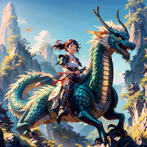 masterpiece, fantasy, best quality, anime style, wide-angle, full body shot, front view, (beautiful_woman, facing forward, wearing samurai armor, flying on the back of a chinese_dragon:1.3), bamboo forest and mountians in background, natural lighting, soft lighting, (featured on pixiv:1.25), trending on artstation, precise line-art, <lora:riding_a:0.4>, (Studio ghibli style, Art by Hayao Miyazaki:1.2), Anime Style, Manga Style, Hand drawn, cinematic sensual, Sharp focus, humorous illustration, big depth of field, Masterpiece, concept art, trending on artstation, Vivid colors, Simplified style, trending on ArtStation, trending on CGSociety, Intricate, Vibrant colors, Soft Shading, Simplistic Features, Sharp Angles, Playful, <lora:add_detail:0.5>, <lora:samuraiLoraV01:0.4>, <lora:loong2:0.7>