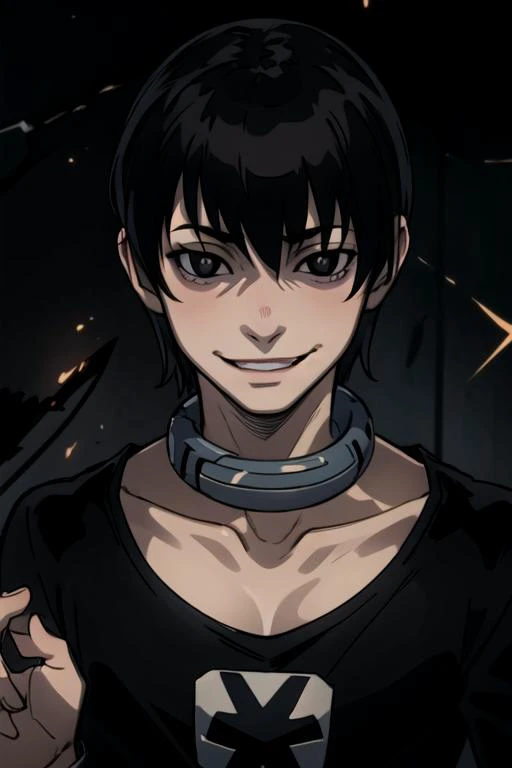 masterpiece, best quality, sketch, 1boy, solo, male focus, looking at viewer, upper body, depth of field, , realistic, <lora:bundo_rokuro:0.80>, bundo_rokuro, black hair, black eyes, collar, evil smile, , , constricted pupils, , , Oz: A land of enchantment, where anything is possible, HDR