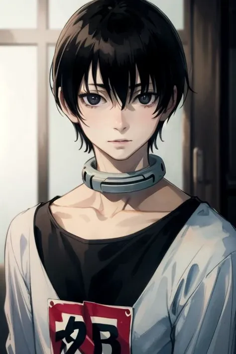 masterpiece, best quality, game cg, 1boy, solo, male focus, looking at viewer, , depth of field, (watercolor illustration, soft pastel colors:1.1), realistic, <lora:bundo_rokuro:0.76>, bundo_rokuro, black hair, black eyes, collar, , crazy eyes, bags under eyes, constricted pupils, , ,