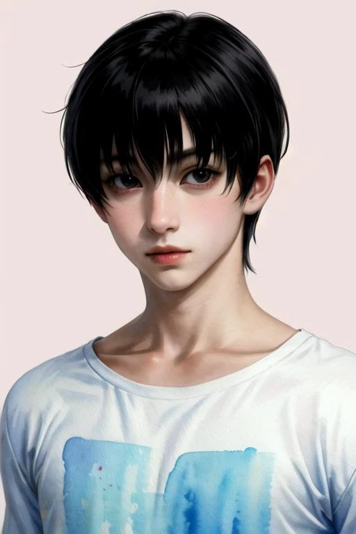 masterpiece, best quality, photorealistic, 1boy, solo, male focus, looking at viewer, , , (watercolor illustration, soft pastel colors:1.1), realistic, <lora:bundo_rokuro:0.66>, bundo_rokuro, black hair, black eyes, , , crazy eyes, , , jeans, , The Kingdom of the Unicorn,