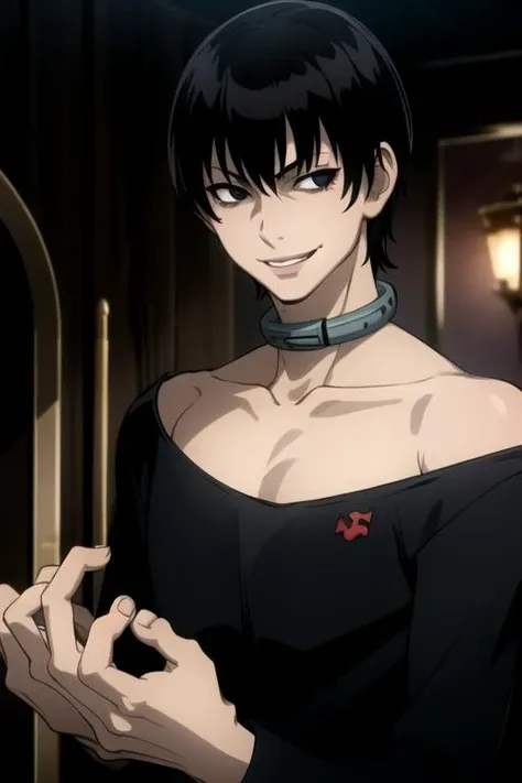 masterpiece, best quality, game cg, 1boy, solo, male focus, looking at viewer, , , , realistic, <lora:bundo_rokuro:0.68>, bundo_rokuro, black hair, black eyes, collar, evil smile, crazy eyes, , , , A fairytale land where magical creatures live and thrive,