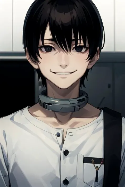 masterpiece, best quality, wallpaper, 1boy, solo, male focus, looking at viewer, upper body, depth of field, , , <lora:bundo_rokuro:0.70>, bundo_rokuro, black hair, black eyes, , evil smile, crazy eyes, bags under eyes, , oxford shirt, , , 4k resolution