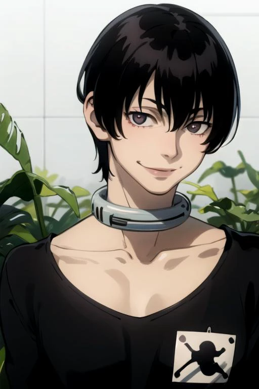 masterpiece, best quality, illustration, 1boy, solo, male focus, looking at viewer, , , (watercolor illustration, soft pastel colors:1.1), realistic, <lora:bundo_rokuro:0.76>, bundo_rokuro, black hair, black eyes, collar, evil smile, crazy eyes, , constricted pupils, , corn maze, High definition