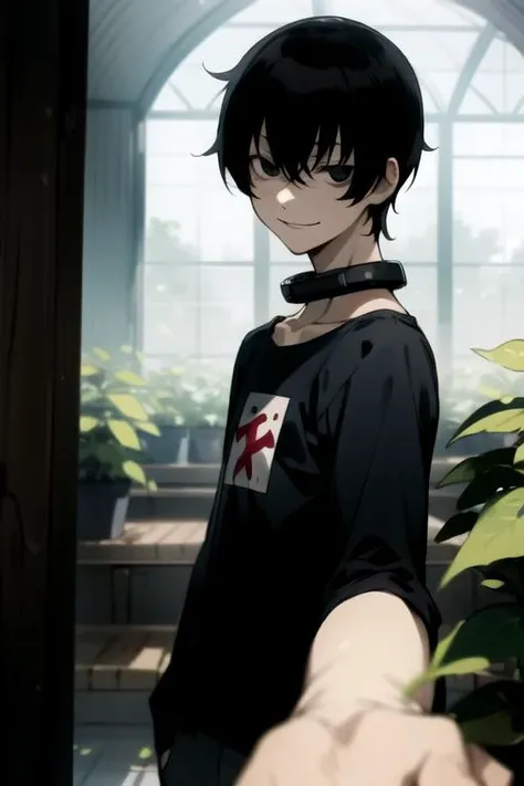 masterpiece, best quality, illustration, 1boy, solo, male focus, looking at viewer, , depth of field, , , <lora:bundo_rokuro:0.66>, bundo_rokuro, black hair, black eyes, , evil smile, crazy eyes, bags under eyes, , , greenhouse, 16k resolution