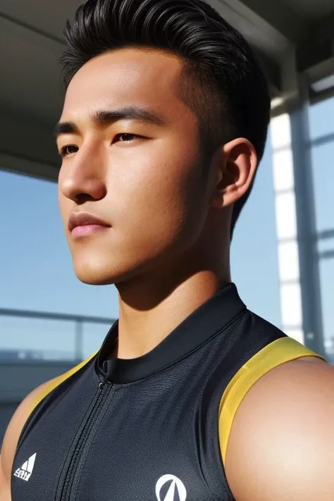 a close up of a man in a black and yellow shirt