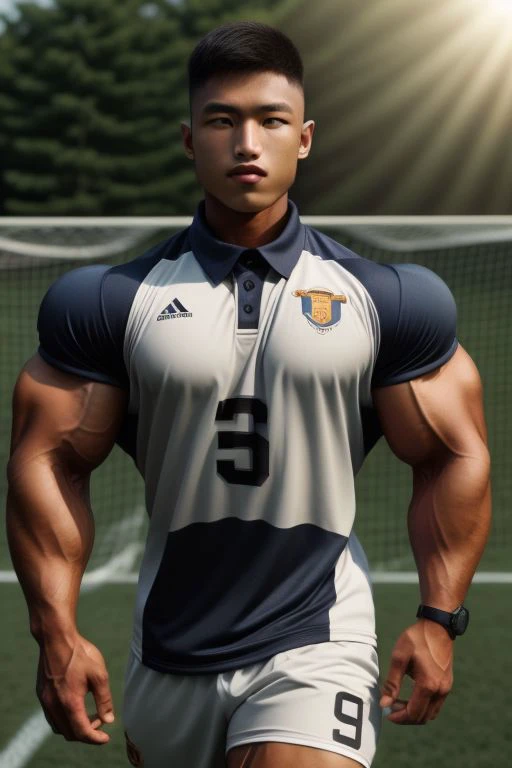BrutalMass,Portrait ,masterpiece, best quality, highres, realistic, handsome, photogenic, masculine, (big muscles), syahnk as an ((dark tanned)) athletic jock bulging with huge pectorals, he with his (wearing tight jersey :1.3) running in middle of soccer field blushing from embarrassment ,<lora:add_detail:1>,HDR, octane, 8k,Stadium lighting ,dinamic light,sunkisses, ringlights,sunshine,high detailed skin,high detailed face,<lora:add_detail:1>