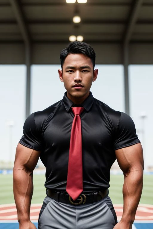 Full body Portrait ,masterpiece, best quality, highres, realistic, handsome, photogenic, masculine, (big muscles), syahnk as ((dark tanned)) athletic jock bulging with huge pectorals, he with his (wearing tight jersey :1.3) running in middle of soccer field blushing from embarrassment ,<lora:add_detail:1>,HDR, octane, ,1boy,handsome,male focus, animal ears,black hair,short hair,blue eyes,choker,red necktie,short sleeves,black gloves,shirt, coat,belt,grey pants, fur trim,8k,Stadium lighting ,dinamic light,sunkisses, ringlights,sunshine,high detailed skin,high detailed face,<lora:add_detail:1>