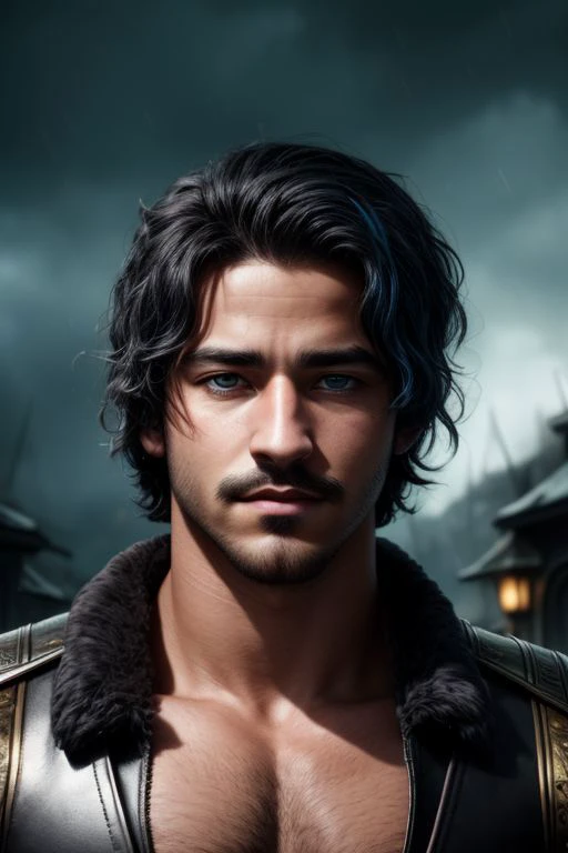 (Absurdres, Absurd Amount of Details, Intricate Details, Masterpiece, Best Quality, High Resolution, 8k), (1man), (male:1.2), mature, dashing face, finely detailed eyes and face, toned body, masculine appeal, commanding presence, hot stud, bulging biceps and triceps, well-developed quadriceps and hamstrings, light skin, turquoise wavy hair, ruby eyes, standing with one hand on a nearby object and one leg slightly bent, precise and accurate details, danish, portrait, looking down, solo, half shot, detailed background, (high fantasy medieval theme:1.1), nordic medieval raider, fighting stance, norse pagan mythology, blood soaked, simple muted dark blue fur lined leather vest, helmet, mjolnir symbolism, rain, cinematic scene composition, norse dark fantasy atmosphere,, finely detailed background, Depth of Field, VFX,<lora:add_detail:1>,Jaimie, black_hair, facial_hair, muscular, 1boy, chest_hair, male_focus