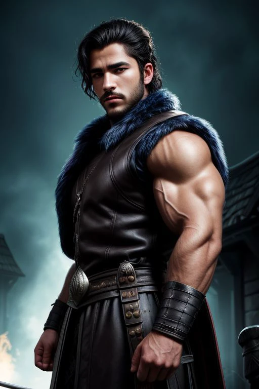 (Absurdres, Absurd Amount of Details, Intricate Details, Masterpiece, Best Quality, High Resolution, 8k), (1man), (male:1.2), mature, dashing face, finely detailed eyes and face, toned body, masculine appeal, commanding presence, hot stud, bulging biceps and triceps, well-developed quadriceps and hamstrings, light skin, turquoise wavy hair, ruby eyes, standing with one hand on a nearby object and one leg slightly bent, precise and accurate details, danish, portrait, looking down, solo, half shot, detailed background, (high fantasy medieval theme:1.1), nordic medieval raider, fighting stance, norse pagan mythology, blood soaked, simple muted dark blue fur lined leather vest, helmet, mjolnir symbolism, rain, cinematic scene composition, norse dark fantasy atmosphere,, finely detailed background, Depth of Field, VFX,<lora:add_detail:1>,Jaimie, black_hair, facial_hair, muscular, 1boy, chest_hair, male_focus