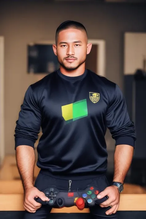 syahnk,(((1man))), muscular, brown eyes, casual clothes, sweatshirt, handsome, nerd, dynamic, sfw, playing videogames, (intricate details, Masterpiece, high quality, best quality, realistic), (musclebears:0.5), bulgerk-soft ,<lora:add_detail:1>
