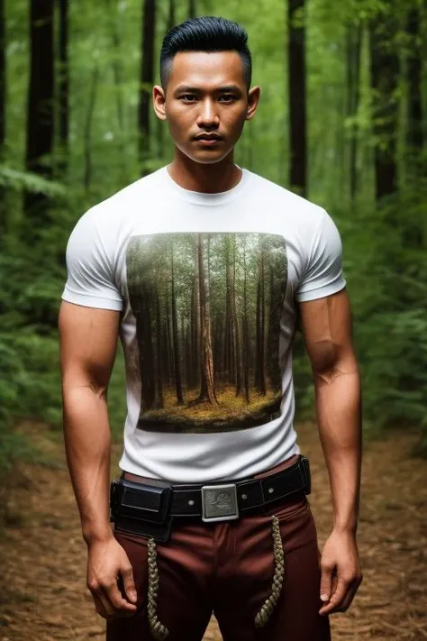 syahnk, masterpiece, best quality, highres, realistic, a male muscular bounty hunter, silk t-shirt, brown chaps, handsome face, star wars, standing in a forest, looking at the camera, <lora:add_detail:1>, <lora:HypmanV10:0.0>,Hypman