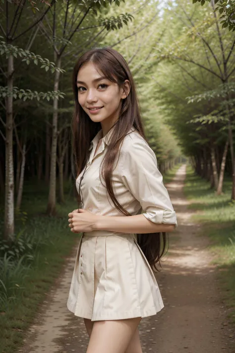 portrait of aik0_n0texist dressed in a schoolgirl uniform, walking down a forest path, huge smile, looking at the camera, facing the camera, dynamic lighting, photorealistic, high detail, detailed, masterpiece, 8k, highres, flawless, colour, professional