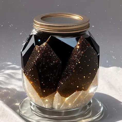 Onyx, Crystals that form in druzy clusters, covering a surface with a blanket of sparkling beauty,  inside (( Glass jar )), <lora:epiNoiseoffset_v2Pynoise:2>