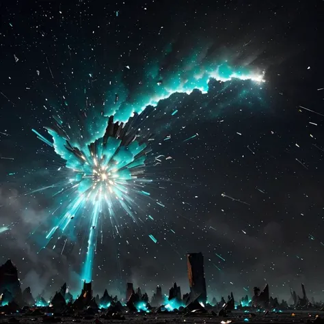 Turquoise, inside (( A violent explosion rocks the area sending shards of debris hurtling through the air )), Alien planet with bioluminescent flora, <lora:epiNoiseoffset_v2Pynoise:2>
