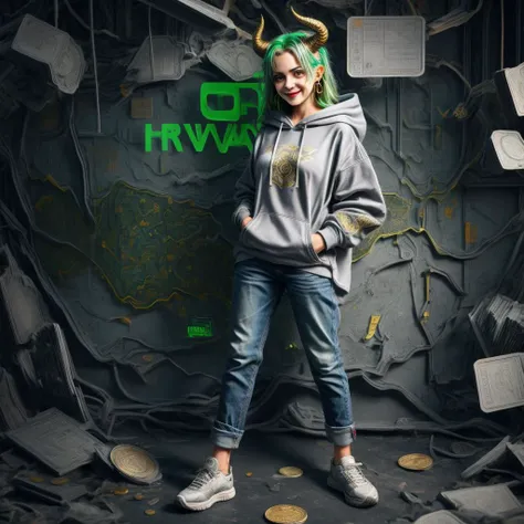 minimap, <lora:minimap:1>,hyperrealistic, masterpiece, best quality, highres, methurlant, biopunk, digital illustration, android, in the stock market, screen, 1girl, greek, crazy gamer, powerful, two green horns on head, demon, evil smile, long silver hair, big green eyes, (closed mouth), gold earrings, (intricate grey hoodie, symbol IncrRvrsCard), ancient coin, holding phone, denim pants, (red strings), <lora:more_details:1>