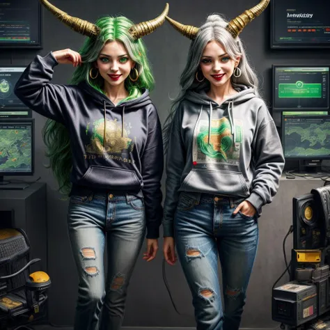 minimap, <lora:minimap:1>,hyperrealistic, masterpiece, best quality, highres, methurlant, biopunk, digital illustration, android, in the stock market, screen, 1girl, greek, crazy gamer, powerful, two green horns on head, demon, evil smile, long silver hair, big green eyes, (closed mouth),  gold earrings, (intricate grey hoodie, symbol IncrRvrsCard), ancient coin, holding phone, denim pants, (red strings),  <lora:more_details:1>