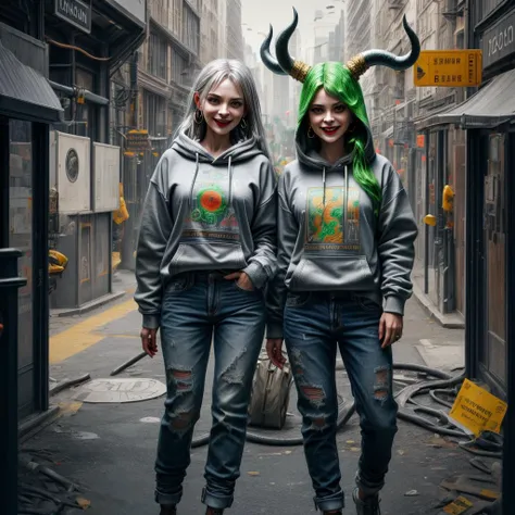 minimap, <lora:minimap:1>,hyperrealistic, masterpiece, best quality, highres, methurlant, biopunk, digital illustration, android, in the stock market, screen, 1girl, greek, crazy gamer, powerful, two green horns on head, demon, evil smile, long silver hair, big green eyes, (closed mouth), gold earrings, (intricate grey hoodie, symbol IncrRvrsCard), ancient coin, holding phone, denim pants, (red strings), <lora:more_details:1>