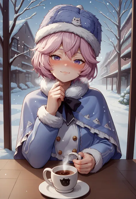 score_9, score_8_up, score_7_up, source_anime, 1girl, <lora:ChamNyatashaNyannersPonyXL:1>, NyannersWinter, short hair, cat ears, cat tail, fur hat, tilted headwear, winter clothes, fur-trimmed dress, fur-trimmed capelet, pov across table, cafe, coffee mug, coffee, holding cup, steam, cold, outdoors, winter, snowing, blush, seductive smile, breathing, nose blush, hand blush, cat symbol,