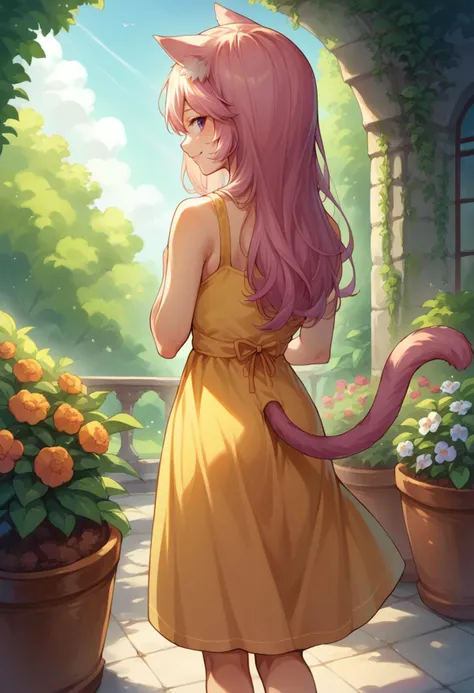 score_9, score_8_up, source_anime, 1girl, solo, NyatashaNyanners, long hair, cat ears, cat tail, from behind, yellow sundress, garden, day, sunshine, smile, looking back, <lora:ChamNyatashaNyannersPonyXL:1>