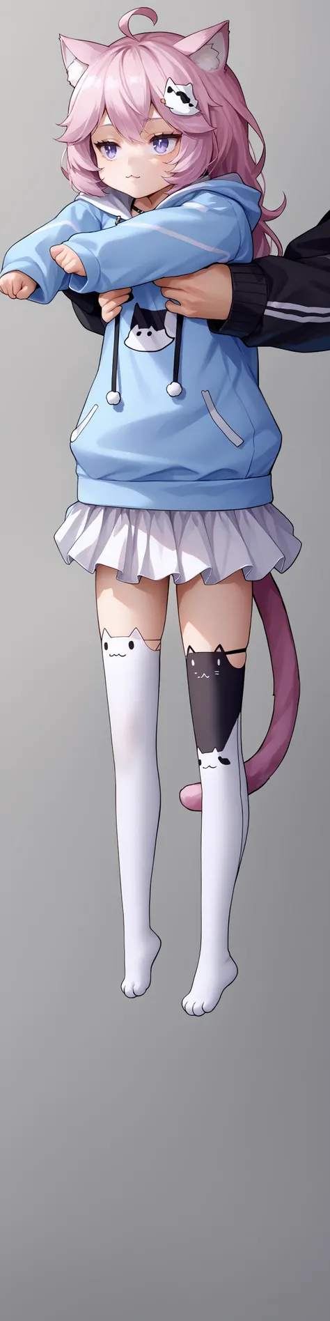 score_9, score_8_up, score_7_up, source_anime, 1girl, <lora:ChamNyatashaNyannersPonyXL:1>, NyannersBase, long hair, cat ears, cat tail, hoodie, long sleeves, camisole, cat print, white skirt, cat ear legwear, asymmetrical legwear, <lora:LongCatMeme_XLPD:1>, IncrsXLLCM, full body, chibi, holding person, long torso,
