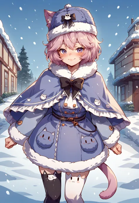 score_9, score_8_up, source_anime, 1girl, solo, NyannersWinter, short hair, cat ears, cat tail, fur hat, tilted headwear, winter clothes, fur-trimmed dress, fur-trimmed capelet, cat ear legwear, asymmetrical legwear, outdoors, winter, smile, snowing, blush, <lora:ChamNyatashaNyannersPonyXL:1>