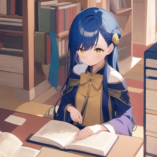 1girl, solo, <lora:Rosemyne1:1>, Myne, Rosemyne, detailed face, blue hair, blue ceremonial clothes, yellow eyes, rosemyne bookworm, sitting, reading book