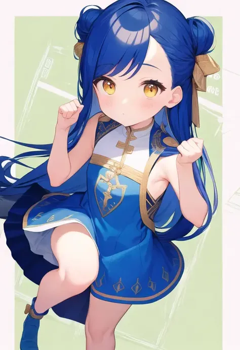 1girl, solo, <lora:Rosemyne1:0.9>, Myne, Rosemyne, detailed face, blue hair, rosemyne bookworm, (stands on one leg), the foot of one leg on the knee of the other, (hands up), stretch