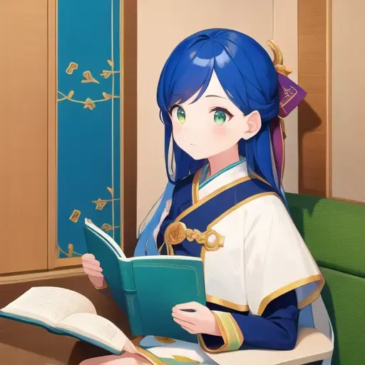 1girl, solo, <lora:Rosemyne1:0.8>, Myne, Rosemyne, detailed face, blue hair, blue ceremonial clothes, rosemyne bookworm, sitting, reading book