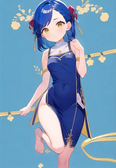 1girl, solo, <lora:Rosemyne1:0.9>, Myne, Rosemyne, detailed face, blue hair, rosemyne bookworm, (stands on one leg), the foot of one leg on the knee of the other, hands up