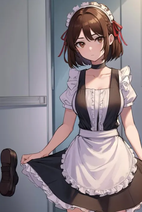 akanetaira, <lora:akanetairav2-lora-nochekaiser:0.8>,
akane taira, short hair, brown hair, hair between eyes, (brown eyes:1.5), ribbon, hair ribbon, red ribbon,
BREAK thighhighs, dress, bow, collarbone, short sleeves, frills, shoes, alternate costume, choker, black footwear, apron, white thighhighs, zettai ryouiki, maid, maid headdress, waist apron,
BREAK looking at viewer,
BREAK indoors,
BREAK <lyco:GoodHands-beta2:1>, (masterpiece:1.2), best quality, high resolution, unity 8k wallpaper, (illustration:0.8), (beautiful detailed eyes:1.6), extremely detailed face, perfect lighting, extremely detailed CG, (perfect hands, perfect anatomy),