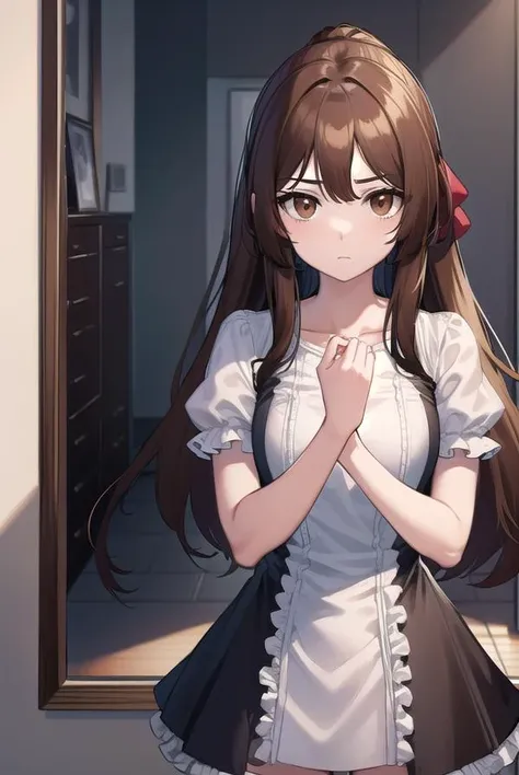 akanetaira, <lora:akanetairav2-lora-nochekaiser:0.8>,
akane taira, long hair, brown hair, hair between eyes, (brown eyes:1.5),
BREAK thighhighs, dress, bow, collarbone, short sleeves, frills, shoes, puffy sleeves, black footwear, black dress, red bow, white thighhighs, puffy short sleeves, zettai ryouiki, wristband,
BREAK indoors,
BREAK looking at viewer, (cowboy shot:1.5),
BREAK <lyco:GoodHands-beta2:1>, (masterpiece:1.2), best quality, high resolution, unity 8k wallpaper, (illustration:0.8), (beautiful detailed eyes:1.6), extremely detailed face, perfect lighting, extremely detailed CG, (perfect hands, perfect anatomy),
