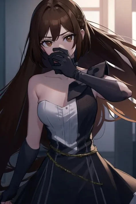 akanetaira, <lora:akanetairav2-lora-nochekaiser:0.8>,
akane taira, long hair, brown hair, hair between eyes, (brown eyes:1.5),
BREAK gloves, dress, bow, bare shoulders, collarbone, hair bow, choker, black gloves, elbow gloves, black dress, strapless, black bow, black choker, strapless dress,
BREAK looking at viewer,
BREAK indoors, (cowboy shot:1.5),
BREAK <lyco:GoodHands-beta2:1>, (masterpiece:1.2), best quality, high resolution, unity 8k wallpaper, (illustration:0.8), (beautiful detailed eyes:1.6), extremely detailed face, perfect lighting, extremely detailed CG, (perfect hands, perfect anatomy),