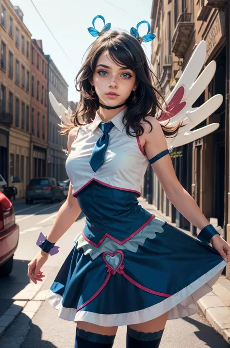 (masterpiece, best quality, high resolution:1.3), (seductive pose:1.2), (dynamic angle:1.2), detailed background, cowboy shot,
casual photography, HDR, natural light, (anti-aliasing:1.2), elegant, soft scattered light, realistic proportions, limited palette, backlit, accent lighting, (neutral colors:1.3), cross process, cinematic lighting, coherent light, coherent shadows,
looking at viewer, detailed face, detailed eyes, detailed skin, extremely detailed, intricate details, zh_mushyee_cosplaygirl, solo, long hair, tattoo, realistic, freckles, lips, looking at viewer, parted bangs, <lora:blue_angel_v1:0.8> ba1, heart hair ornament, solo, four-leaf clover_facial_tattoo, jewelry, necktie, skirt, sleeveless, blue necktie, choker, breasts, black thighhighs, shirt, dress, blue skirt, skirt_ornament, wings, wrist cuffs
