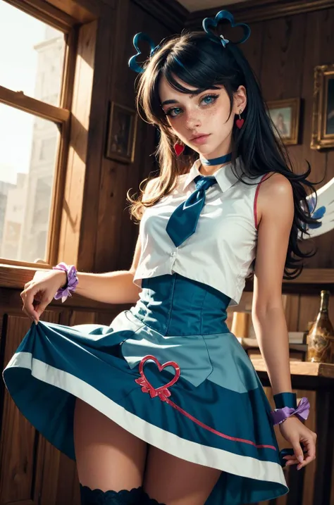 (masterpiece, best quality, high resolution:1.3), (seductive pose:1.2), (dynamic angle:1.2), detailed background, cowboy shot,
casual photography, HDR, natural light, (anti-aliasing:1.2), elegant, soft scattered light, realistic proportions, limited palette, backlit, accent lighting, (neutral colors:1.3), cross process, cinematic lighting, coherent light, coherent shadows,
looking at viewer, detailed face, detailed eyes, detailed skin, extremely detailed, intricate details, zh_mushyee_cosplaygirl, solo, long hair, tattoo, realistic, freckles, lips, looking at viewer, parted bangs, <lora:blue_angel_v1:0.8> ba1, heart hair ornament, solo, four-leaf clover_facial_tattoo, jewelry, necktie, skirt, sleeveless, blue necktie, choker, breasts, black thighhighs, shirt, dress, blue skirt, skirt_ornament, wings, wrist cuffs