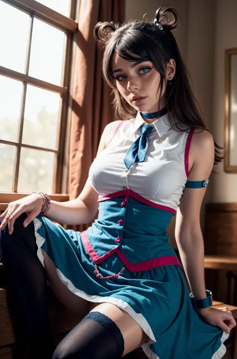 (masterpiece, best quality, high resolution:1.3), (seductive pose:1.2), (dynamic angle:1.2), detailed background, cowboy shot,
casual photography, HDR, natural light, (anti-aliasing:1.2), elegant, soft scattered light, realistic proportions, limited palette, backlit, accent lighting, (neutral colors:1.3), cross process, cinematic lighting, coherent light, coherent shadows,
looking at viewer, detailed face, detailed eyes, detailed skin, extremely detailed, intricate details, zh_mushyee_cosplaygirl, solo, long hair, tattoo, realistic, freckles, lips, looking at viewer, parted bangs, <lora:blue_angel_v1:0.8> ba1, heart hair ornament, solo, four-leaf clover_facial_tattoo, jewelry, necktie, skirt, sleeveless, blue necktie, choker, breasts, black thighhighs, shirt, dress, blue skirt, skirt_ornament, wings, wrist cuffs