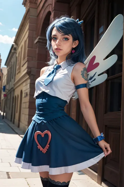 (masterpiece, best quality, high resolution:1.3), (seductive pose:1.2), (dynamic angle:1.2), detailed background, cowboy shot,
casual photography, HDR, natural light, (anti-aliasing:1.2), elegant, soft scattered light, realistic proportions, limited palette, backlit, accent lighting, (neutral colors:1.3), cross process, cinematic lighting, coherent light, coherent shadows,
looking at viewer, detailed face, detailed eyes, detailed skin, extremely detailed, intricate details, zh_mushyee_cosplaygirl, solo, long hair, tattoo, realistic, freckles, lips, looking at viewer, parted bangs, <lora:blue_angel_v1:0.8> ba1, heart hair ornament, solo, four-leaf clover_facial_tattoo, jewelry, necktie, skirt, sleeveless, blue necktie, choker, breasts, black thighhighs, shirt, dress, blue skirt, skirt_ornament, wings, wrist cuffs