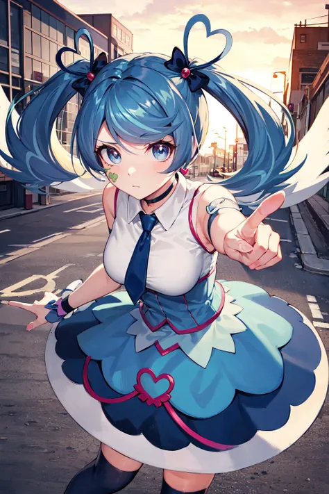 masterpiece, best quality, highres, heart hair ornament, ba1, 1girl, solo, jewelry, necktie, skirt, sleeveless, blue necktie, choker, breasts, black thighhighs, shirt, dress, blue skirt, skirt_ornament, wings, four-leaf clover_facial_tattoo, wrist cuffs, <lora:blue_angel_v1:0.7>, frown, leaning forward, pointing at viewer, street,