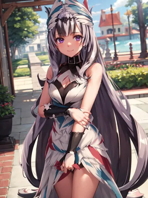 masterpiece, best quality, absurdres, 1girl, standing, light smile, closed mouth, veyle_engage, holding own arm, <lora:Veyle:1>