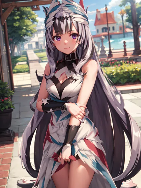 masterpiece, best quality, absurdres, 1girl, standing, light smile, closed mouth, veyle_engage, holding own arm, <lora:Veyle:1>