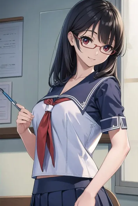 mikahayashi, <lora:mika hayashi manga-lora-nochekaiser:1>,
mika hayashi, glasses, black hair, (red eyes:1.3), long hair, smile,
BREAK skirt, school uniform, pleated skirt, serafuku, neckerchief,
BREAK indoors, classroom,
BREAK looking at viewer, (cowboy shot:1.5),
BREAK <lyco:GoodHands-beta2:1>, (masterpiece:1.2), best quality, high resolution, unity 8k wallpaper, (illustration:0.8), (beautiful detailed eyes:1.6), extremely detailed face, perfect lighting, extremely detailed CG, (perfect hands, perfect anatomy),