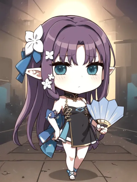 masterpiece, best quality, 1girl, solo, dsamid, purple hair, long hair, aqua eyes, pointy ears, hair ornament, hair flower, short dress, bare shoulders, holding fan, hand fan, full body, chibi, april fools
<lyco:dsamid_lc_768:1> <lyco:aprilfools_style_lc:0.8>